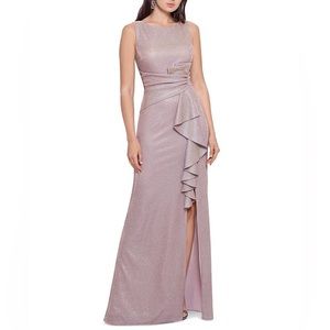 Betsy & Adam Ruffled-front Glitter Gown with Thigh-high Slit - Size 10